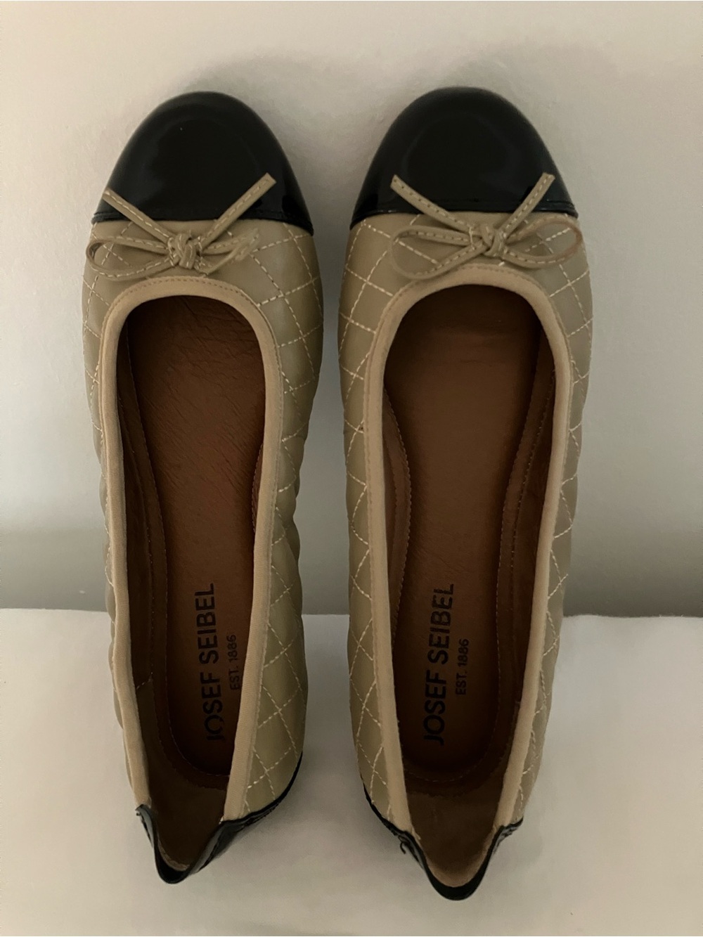 Josef Seibel Beige Quilted Ballet Flats with Black Cap Toe